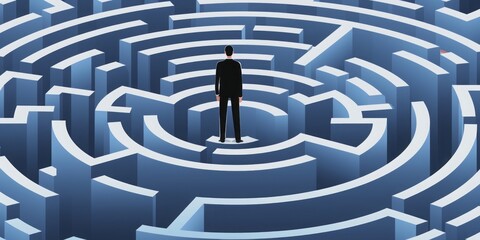 Thoughtful Businessman Standing Before a Maze, Engaged in Deep Contemplation, Navigating the Labyrinth of Career Choices and Decision-Making, Exploring the Complex Terrain of Strategic Thinking 