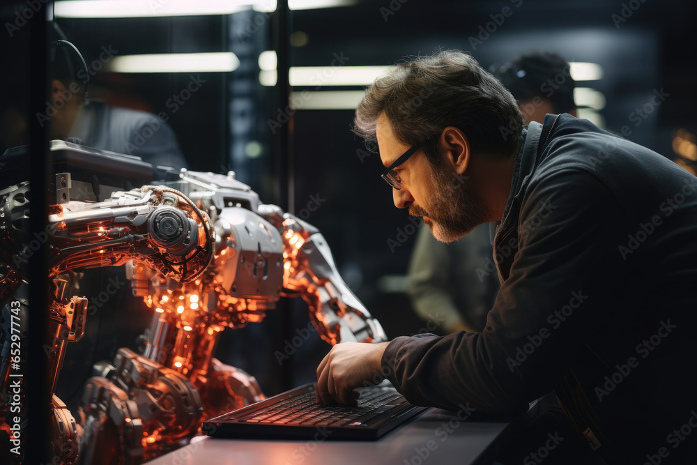 Poster engineers programming a robotic arm for a specific manufacturing task. generative ai.
