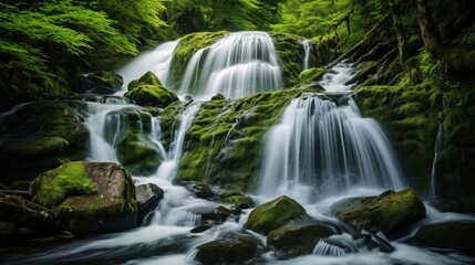 Obraz premium Photo of a serene waterfall nestled within a lush forest landscape. 300 DPI