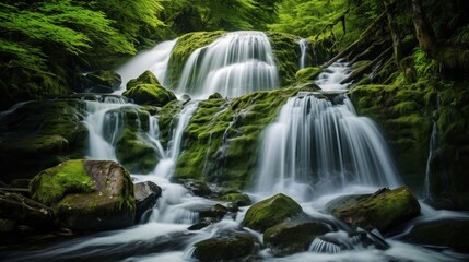 Photo of a serene waterfall nestled within a lush forest landscape. 300 DPI