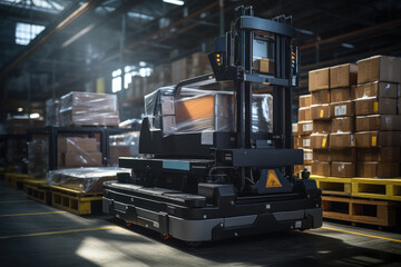 Naklejka premium An autonomous forklift efficiently stacking pallets in a warehouse. Generative Ai.