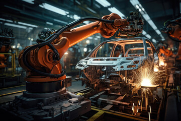 Industrial robots welding car chassis on an automotive assembly line. Generative Ai.