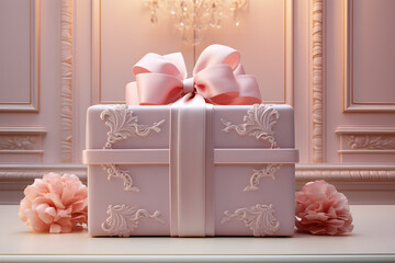 Beautiful Royal gift box with pink bow in classic interior, 3d render, Ai Generated