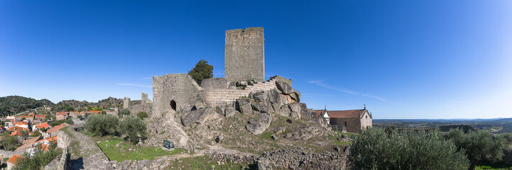 Panoramic exterior view at the iconic Marialva Medieval Castle and fortress, on Marialva village, Guarda, Portugal