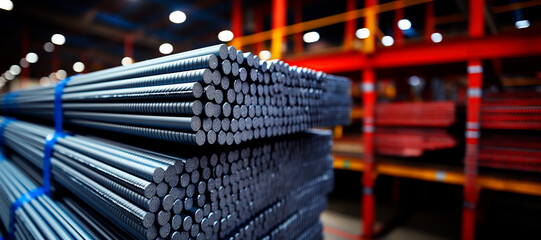 Rod wire steel bar metal storage in warehouse for construction  - obrazy, fototapety, plakaty