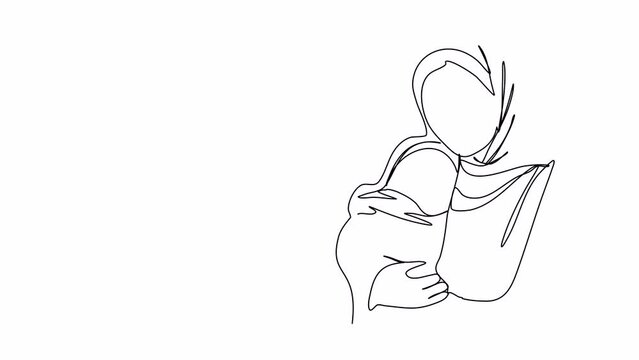 Shawl-wearing woman with a baby in her arms. Biblical stories, virgin mary with jesus christ in her arms. One line drawing animation with alpha channel.