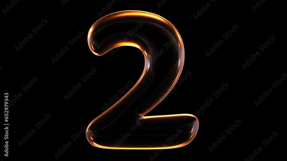 Poster seamless animation of glowing number 2 with light and reflections isolated on black background in 3d