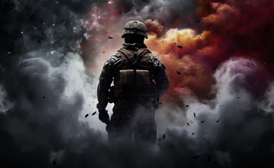 Fototapeta premium The fighter of the special unit turned and threateningly looks at the enemy. Back view with copy space