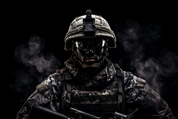 Modern army special forces equipped soldier, anti terrorist squad fighter, elite mercenary in helmet, studio portrait in darkness. Close up, half length