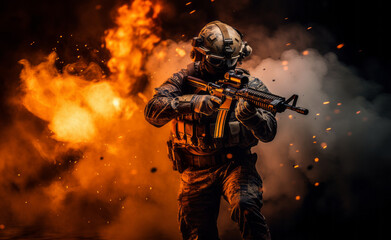 The fighter of the special unit turned and threateningly looks at the enemy. Back view with copy space