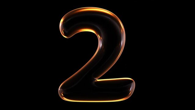 Seamless animation of glowing number 2 with light and reflections isolated on black background in 3d rendering.