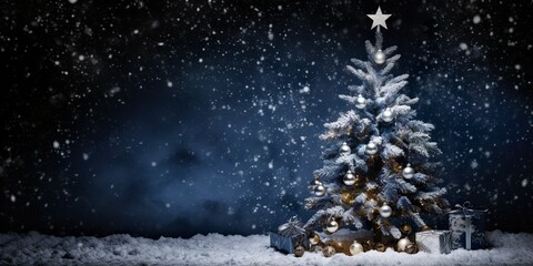 The snow covered Christmas tree contrasts with the dark blue backdrop   Generative AI