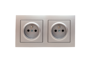 Double electric socket in a wall, two simple silver EU European wall sockets with projecting earth pin front view, frontal shot, object isolated on white background, cut out, nobody. Graphical assets
