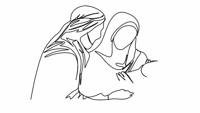 Nativity scene one line drawing animation wit alpha channel. Biblical stories, Joseph, virgin Mary with Jesus Christ in her arms.