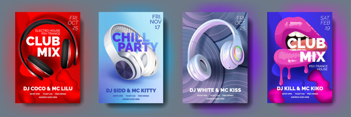 Set of Club posters with headphones, dance party, fluid design flyer, invitation, banner template, dj music event, colorful white, red, blue and pearl headphones and lips, vector illustration