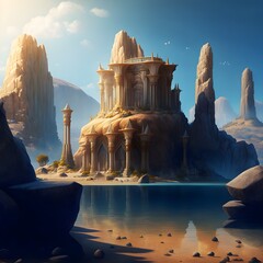 a mythological city made of stone carved out of a mountian sits at the edge of a large lake DD ultra HD stone carvings advanced civilization ultra detailed bright yellow stone sand cartoon sunny  - obrazy, fototapety, plakaty