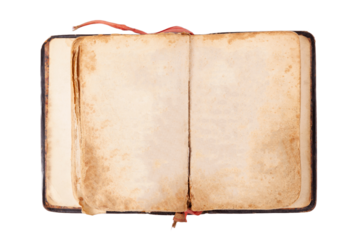 Old fashioned retro book spread open damaged stained paper with blank empty pages, antique opened book table top view, shot from above, object isolated on white background, cut out, nobody, no people 