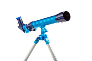 Simple blue toy telescope on a tripod, single object isolated on white background, closeup. Space observation science instruments, tools for kids, children, astronomy hobby conceptual symbol, nobody - obrazy, fototapety, plakaty