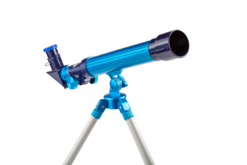 Simple blue toy telescope on a tripod, single object isolated on white background, closeup. Space observation science instruments, tools for kids, children, astronomy hobby conceptual symbol, nobody
