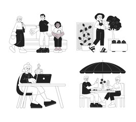 Senior lifestyle black and white cartoon flat illustration set. Retiree linear 2D characters isolated. Public transport etiquette. Elder activities, hobbies monochromatic scene vector image collection