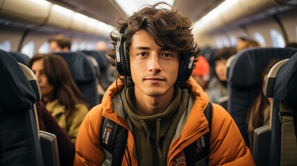 Young Male Student on Commercial Flight Listening to Music - obrazy, fototapety, plakaty