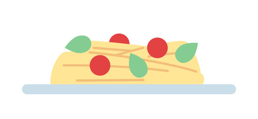 Spaghetti plate 2D cartoon object. Italian dinner meal. Pasta bowl isolated vector item white background. Vegetarian recipe. Homemade delicious noodles with vegetables color flat spot illustration