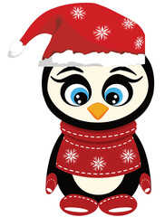 Penguin in red winter clothing