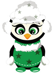 Penguin in green winter clothing