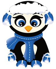 Penguin with blue winter clothing