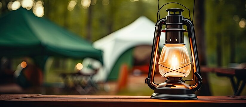 Vintage camping lantern hanging on steelstand surrounded by tents in nature