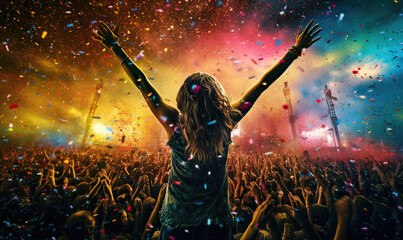 Music open air festival with dancing and cheering audience on fireworks light background. Happy party girl with hands up enjoy and celebrating evening concert.