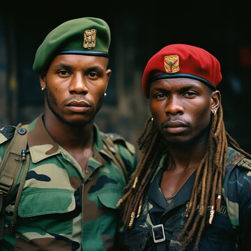 Young strong African men in military uniform and red and green berets, portrait, close-up, theme of military coup in Africa, Niger, change of power, politics, leaders in colored berets