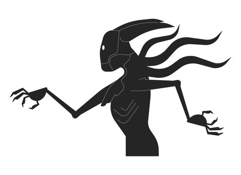 Alien terrifying monster with gills black and white 2D line cartoon character. Walking creepy alien invader with claws hands isolated vector outline personage. Monochromatic flat spot illustration