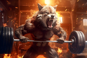 Intimidating wolf lifting the barbell in the gym, Mixed media, Ai Generated