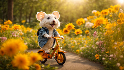 Cute cartoon mouse on a bicycle