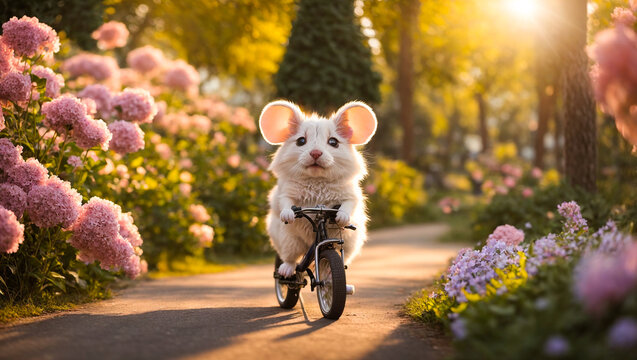 Cute cartoon mouse on a bicycle