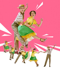 Artistic and emotive young people man and woman cheerfully dancing retro dance over pink...