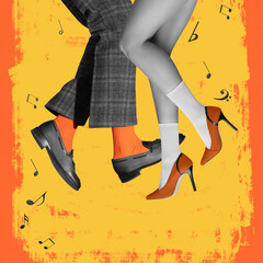 Art collage. Male and female legs in shoes and heels over yellow background,. Party time. Retro...