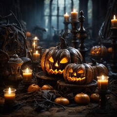 Mystical image reflecting the Halloween atmosphere, candles, pumpkins with carved faces and Halloween style decorations.