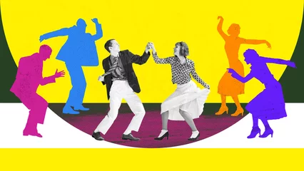 Schilderijen op glas Happy, young, cheerful people dancing over colorful background. Dace club, party, date. Concept of retro dance and vintage, hobby, creativity and inspiration. Colorful design. Poster, ad © master1305