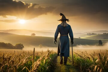  an image of a scarecrow guarding a cornfield on a windy autumn day