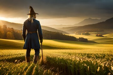  an image of a scarecrow guarding a cornfield on a windy autumn day