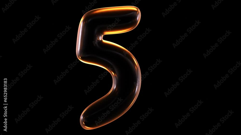 Poster seamless animation of glowing number 5 with light and reflections isolated on black background in 3d