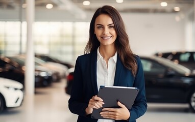 Sales woman at a car showroom, holding tablet and smiling to the camera. Generative AI