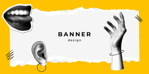 Modern banner design with halftone body parts. Background with hand, lips, ear. Y2K style. Trendy vintage newspaper parts. Torn paper. Retro halftone collage. Template with smiling mouth. Comics style