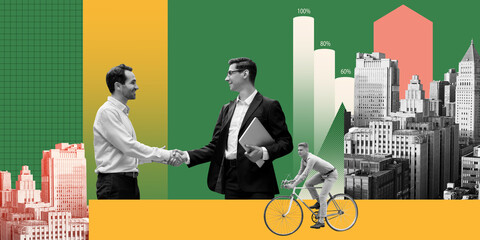 Business cooperation and partnership. Businessmen shaking hands, making financial deal. Contemporary art collage. Concept of business, office, trade market, success, growth. Poster, ad