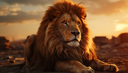 Majestic lion resting in the African savannah, looking at camera generated by AI