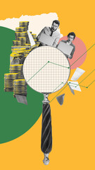 Man and woman emotionally looking on laptop, checking financial analytics and trading activity. Contemporary art collage. Concept of business, office, trade market, success, growth. Poster, ad