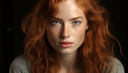 Fototapeta premium A beautiful young woman with long brown hair and confidence generated by AI