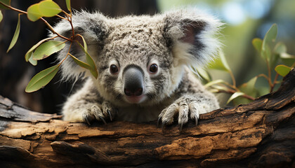 Cute koala, marsupial mammal, sitting on eucalyptus tree, looking at camera generated by AI
